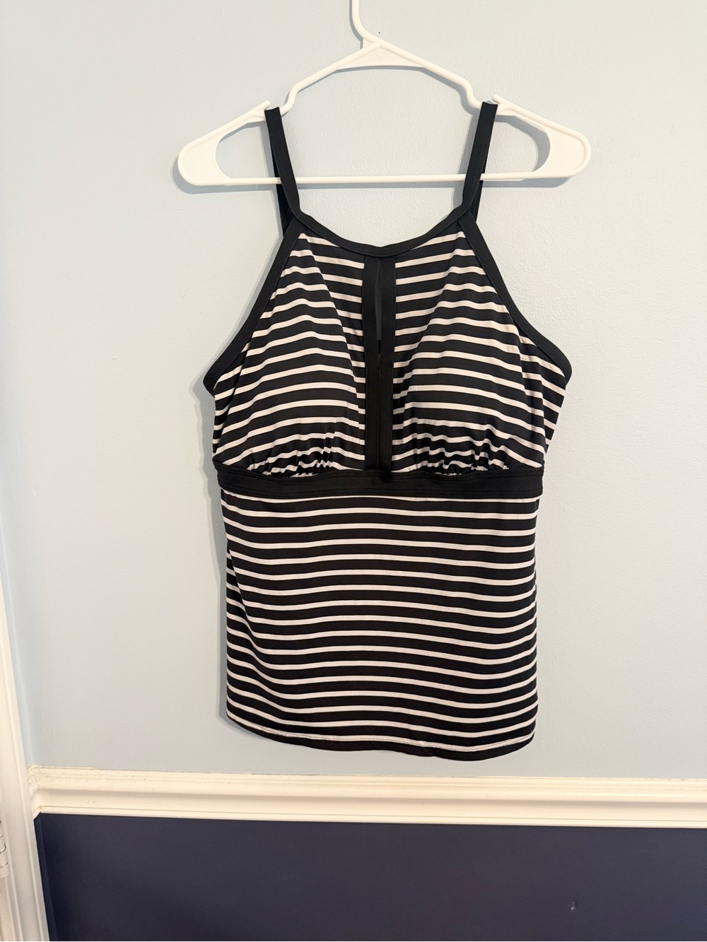 Lands' End Black and White Striped Swim Tankini Top